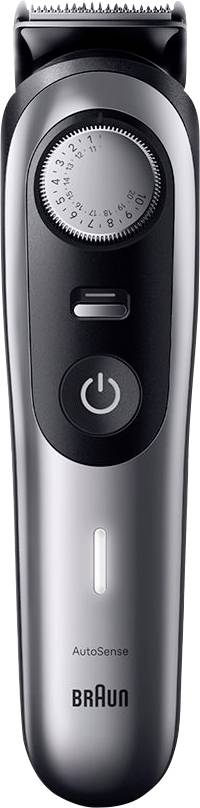 Braun Bartschneider mit Autosense-Technologie, ausgestattet mit einem eleganten schwarz-silbernen Design mit sichtbarem Einschaltknopf und Einstellrad.