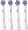 Vier weiße Aufsteckbürsten für elektrische Oral-B Zahnbürsten sind vertikal ausgerichtet. Jeder Bürstenkopf weist ein rundes Borstenmuster in Blau und Lila auf.