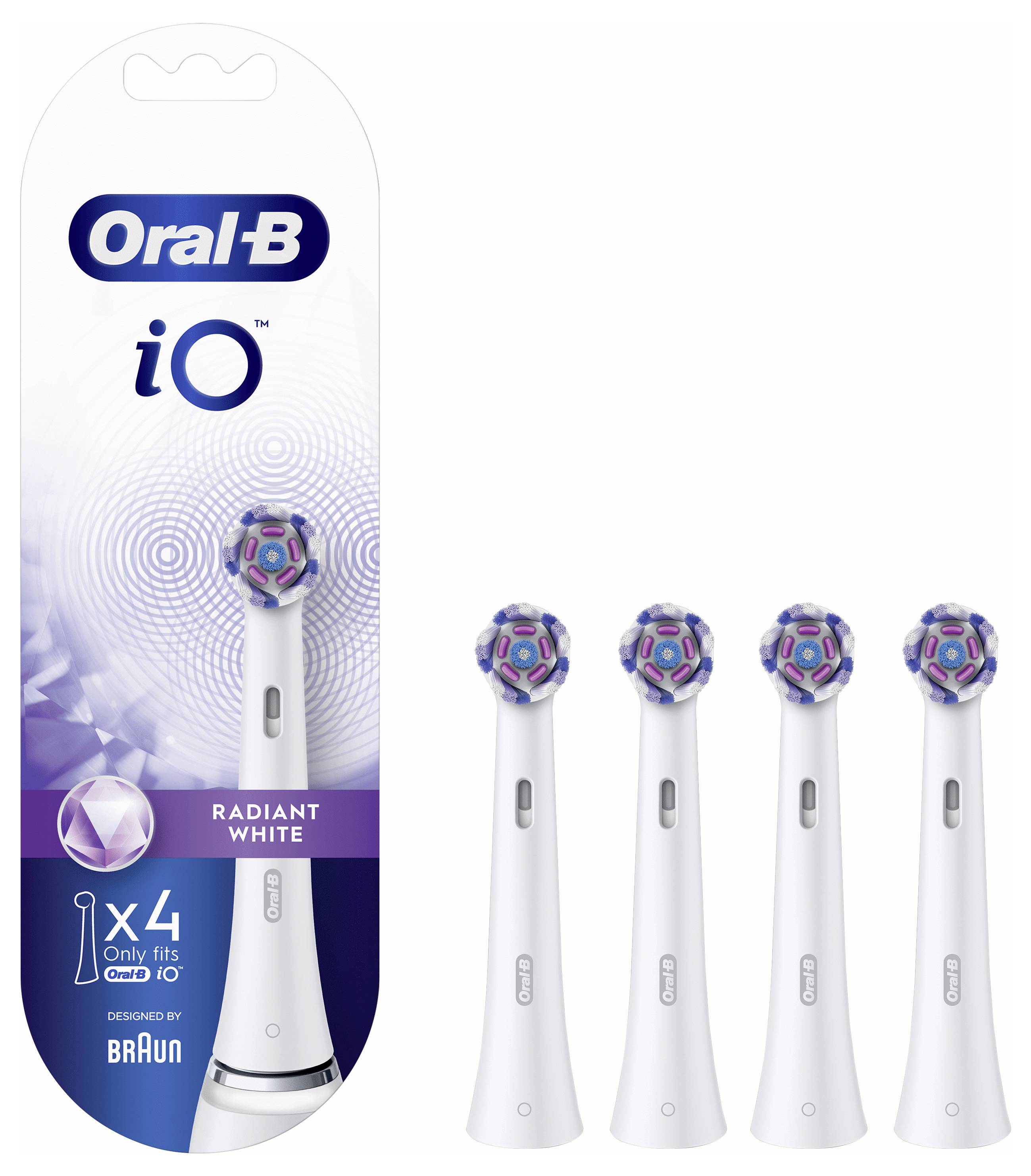 Verpackung von Oral-B iO Ersatz-Zahnbürstenköpfen mit vier weißen Bürstenköpfen, die violette und blaue Borsten aufweisen, gekennzeichnet als „Radiant White".