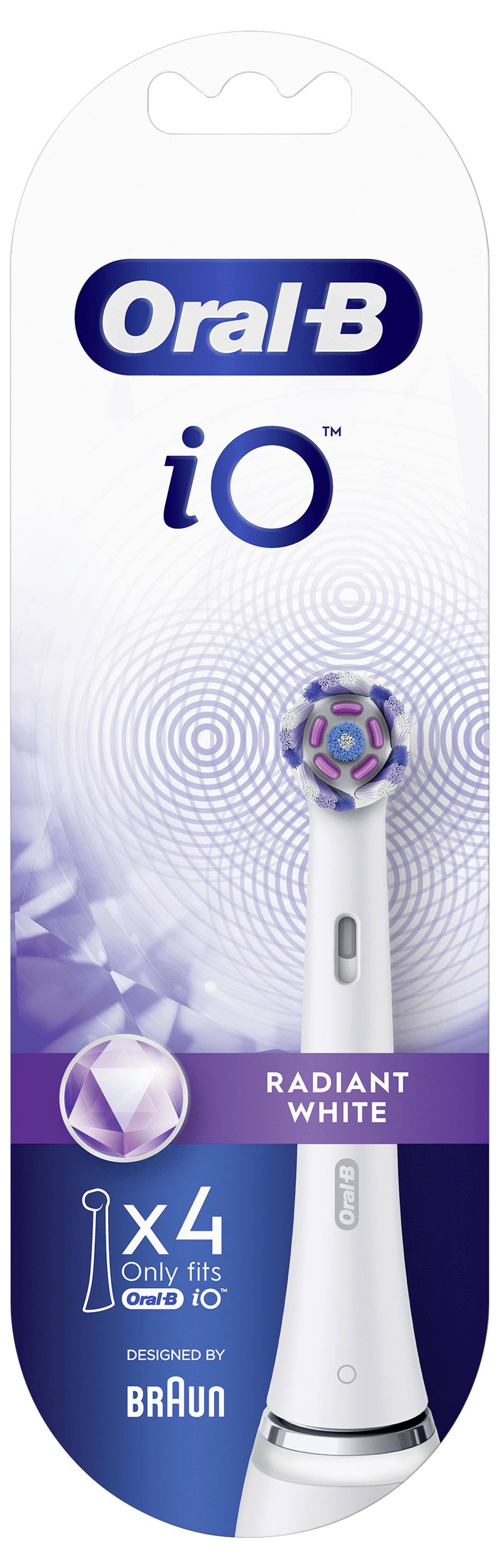 Verpackung des Oral-B iO Radiant White Aufsteckbürstenkopfs mit Hervorhebung des Bürstendesigns, der Kompatibilität mit iO und der Menge von 'X4 Only'