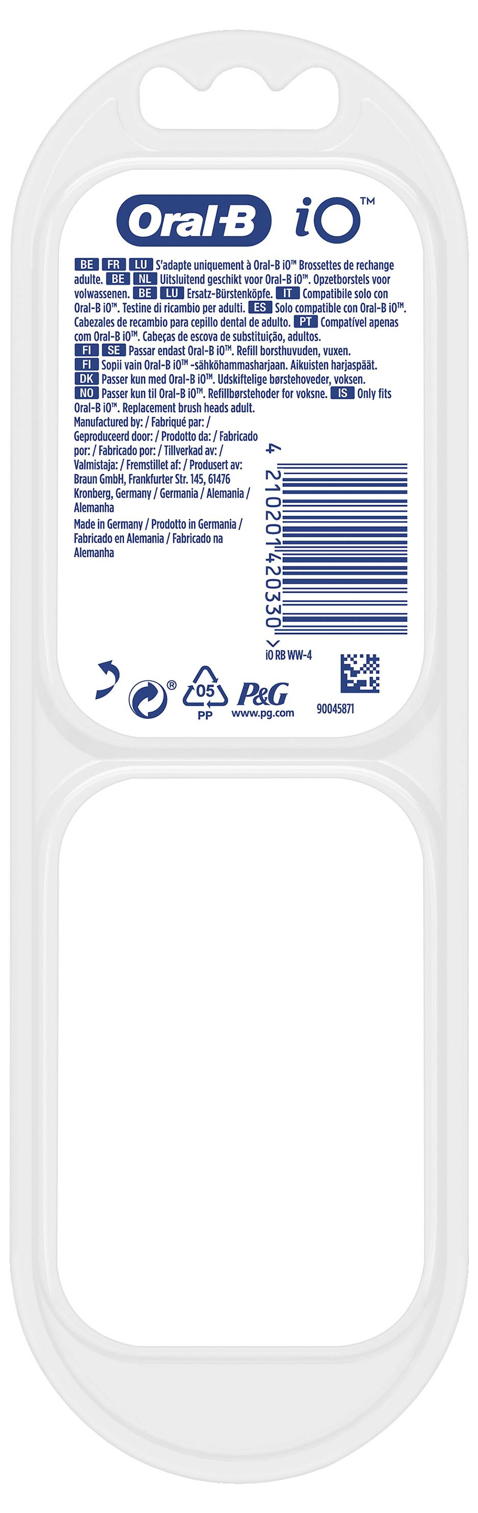 Rückseite der Verpackung für Oral-B iO Zahnbürstenkopf mit Produktinformationen, Branding, Barcode, Recycling-Symbolen und Kontaktangaben.