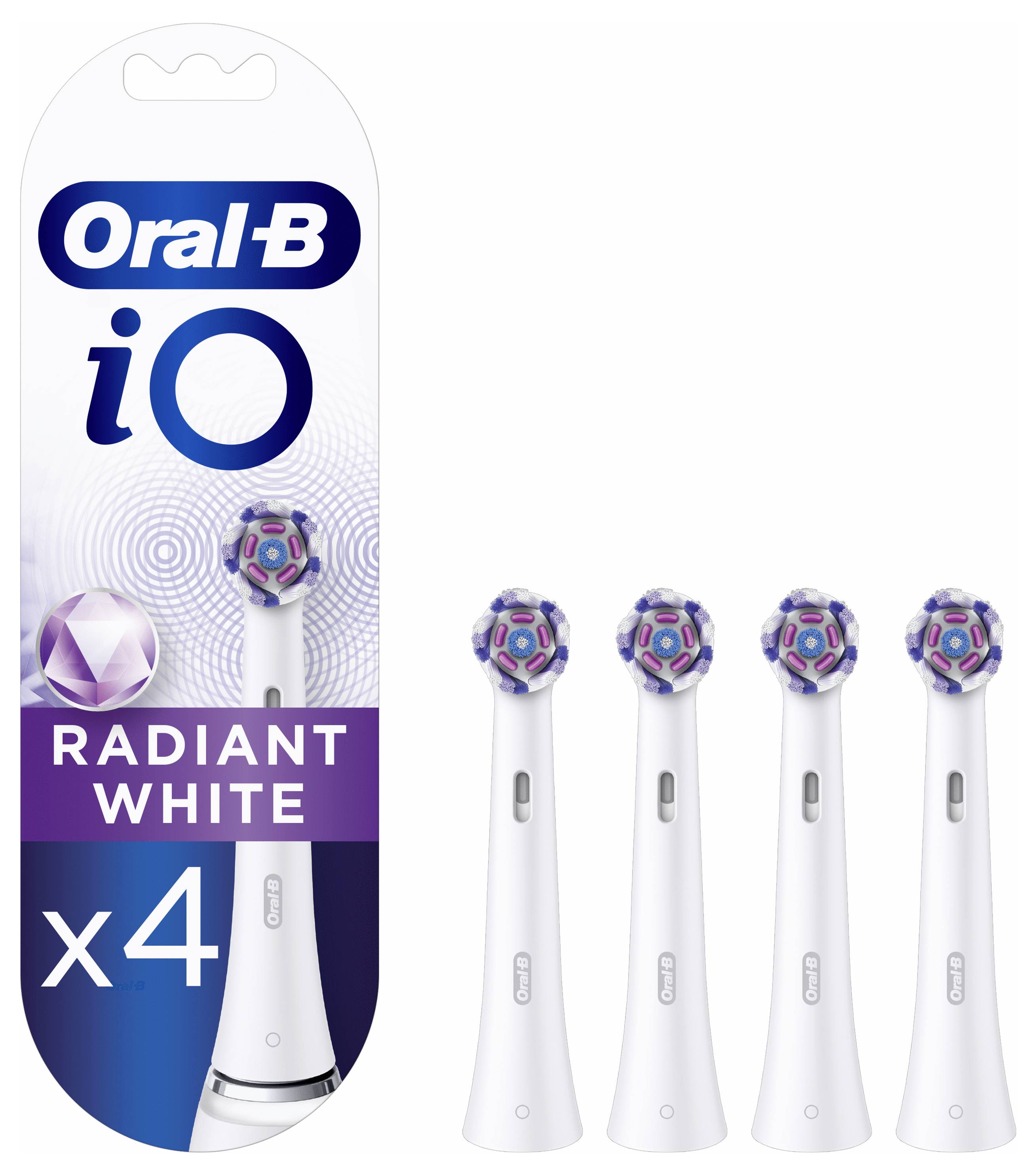 Oral-B iO Radiant White Aufsteckbürsten-Packung, die vier Ersatzköpfe mit mehrfarbigen Borsten neben der Verpackung zeigt.