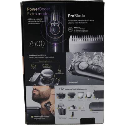 Verpackung zeigt einen Bartschneider mit 'PowerBoost Extra-Modus', '7500 U/min', 'ProBlade' und 'Wasserdicht'. Enthält Zubehör-Abbildung.