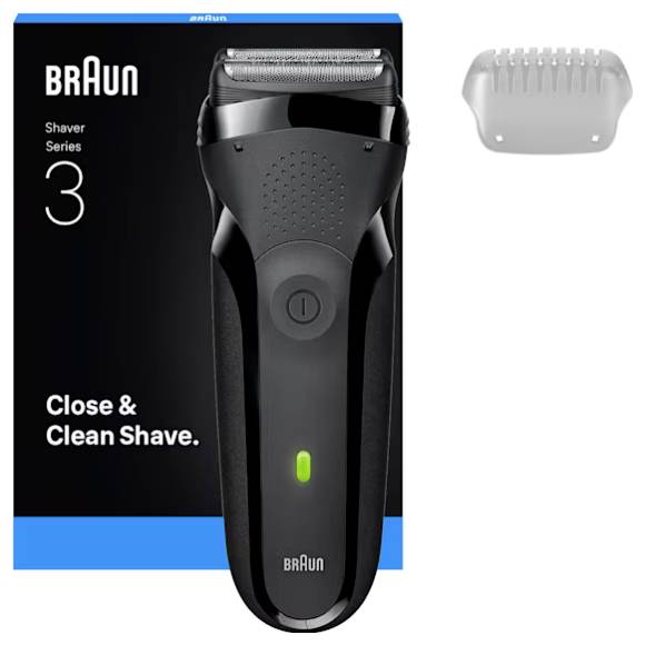 "Braun Rasierer Series 3" Verpackung und elektrischer Rasierer mit Ladeanzeige. Inklusive eines Aufsatzes zur Rasuradjustierung.