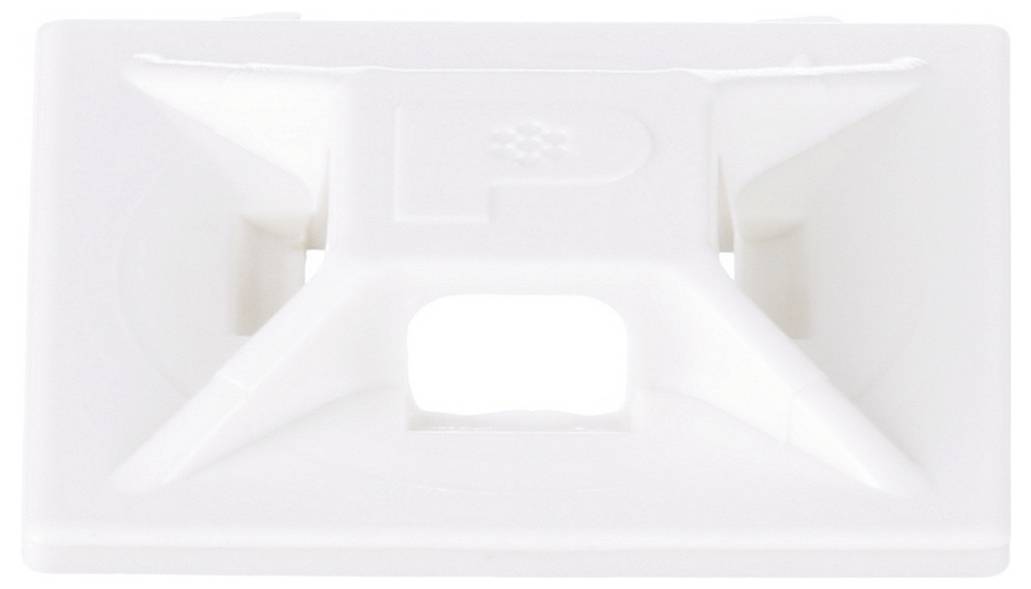 Eine weiße Kabelbinderbefestigung mit quadratischer Form und einem zentralen Schlitz zum Befestigen eines Kabelbinders, mit erhöhten Kanten und Befestigungsmerkmalen.