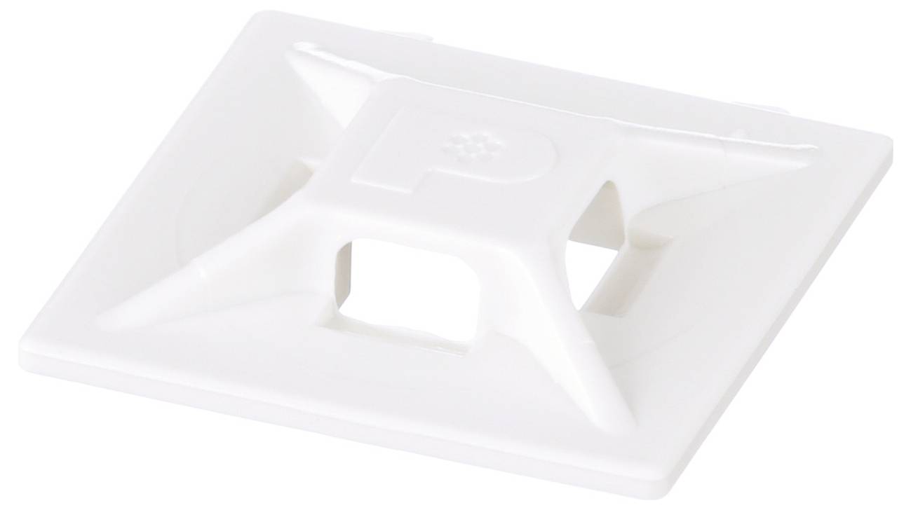 Eine weiße Kabelbinderhalterung aus Kunststoff mit einer quadratischen Grundfläche und einem zentralen Schlitz für einen Kabelbinder.