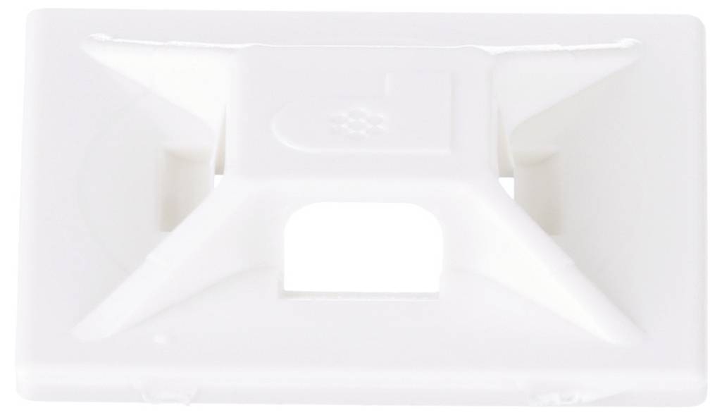 Ein weißer Kabelbinderbefestigungssockel aus Kunststoff mit quadratischer Grundfläche und einer mittig angeordneten Öffnung, der zum Befestigen von Kabeln an Oberflächen entwickelt wurde.