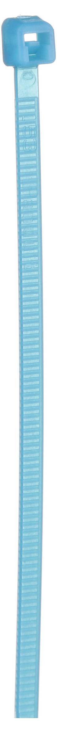 Eine blaue Kabelbinder mit einem quadratischen Verschlusskopf, verwendet zum Bündeln und Befestigen von Kabeln oder Gegenständen.