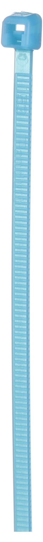 Eine blaue Kabelbinder, der zum Bündeln von Kabeln oder Befestigen von Gegenständen verwendet wird, vertikal dargestellt mit dem Verschließmechanismus an der Oberkante.