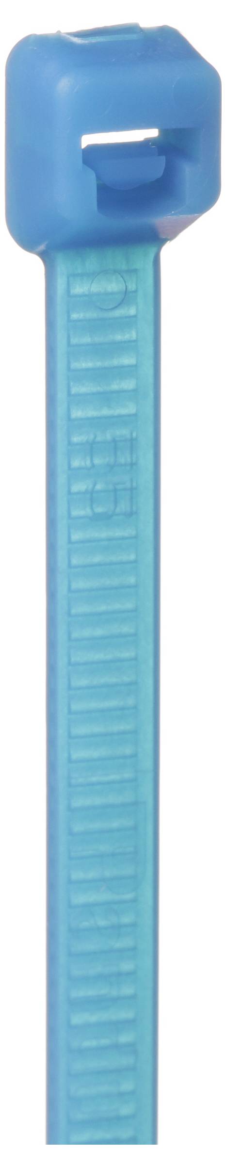 Eine Nahaufnahme eines blauen Kabelbinders, die seine geriffelte Textur und den Verschließmechanismus an der Spitze zeigt.