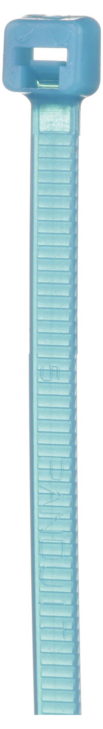 Eine Nahaufnahme einer blauen Kabelbinder mit rechteckigem Kopf und gerippter Struktur, verwendet zum Befestigen oder Zusammenbündeln von Gegenständen.