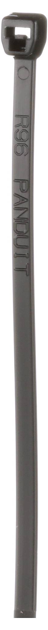 Eine Nahaufnahme einer schwarzen Kabelbinder, die die gekerkte Oberfläche und den Verschlussmechanismus zeigt, verwendet zum Zusammenbinden von Kabeln oder Befestigen von Gegenständen.