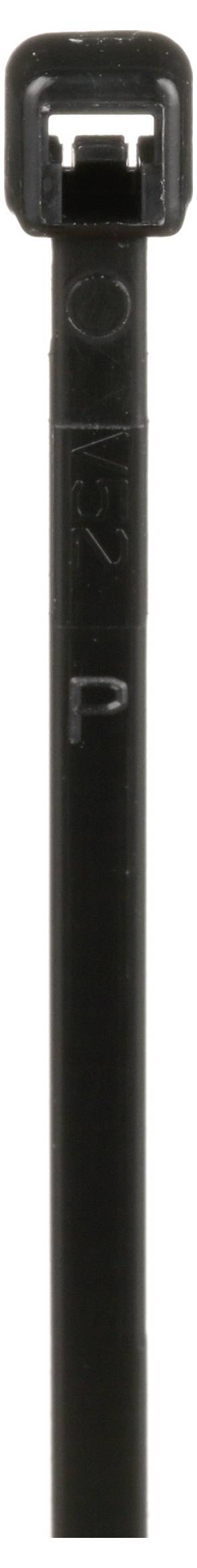 Eine einzelne schwarze Kabelbinder aus Kunststoff mit einem Verschlussmechanismus am oberen Ende, verwendet zum Zusammenbinden oder Befestigen von Kabeln und Leitungen.