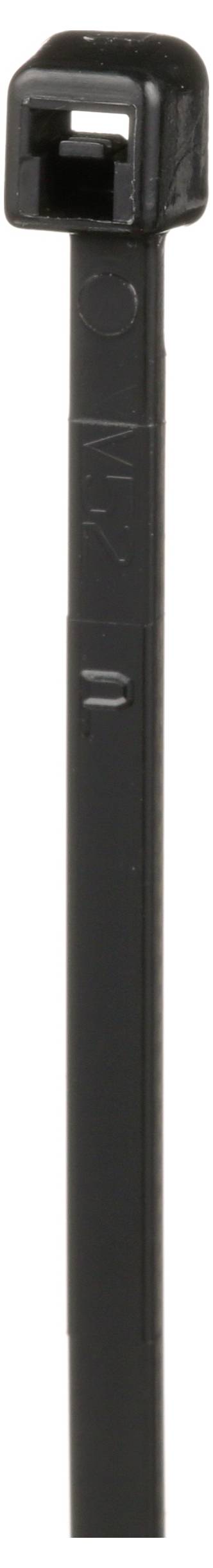 Eine schwarze Kabelbinder, verwendet zum Befestigen oder Organisieren von Kabeln und Drähten, mit einer gerillten Oberfläche für besseren Halt und einem quadratischen Verschlusskopf an einem Ende.