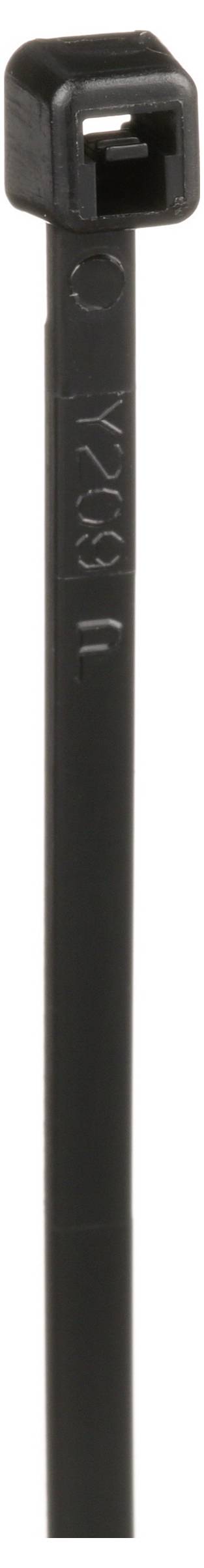 Eine schwarze Kabelbinder mit Rillen und einem Verschlussmechanismus an der Oberseite, die zum Zusammenbinden von Gegenständen verwendet wird.