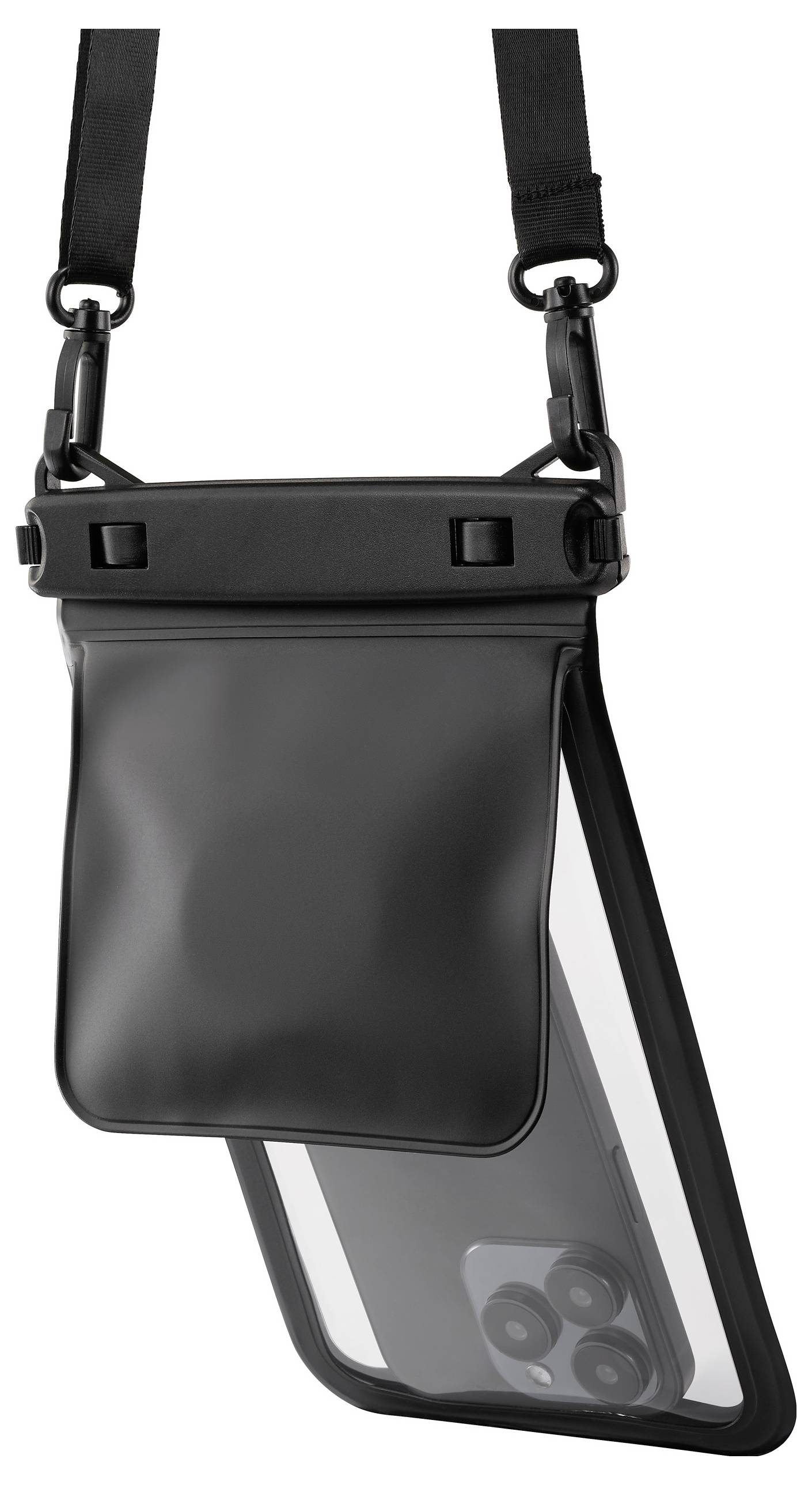 Eine schwarze wasserdichte Handyhülle mit durchsichtigem Fenster, die an einem verstellbaren Riemen hängt und ein Smartphone im Inneren zeigt.