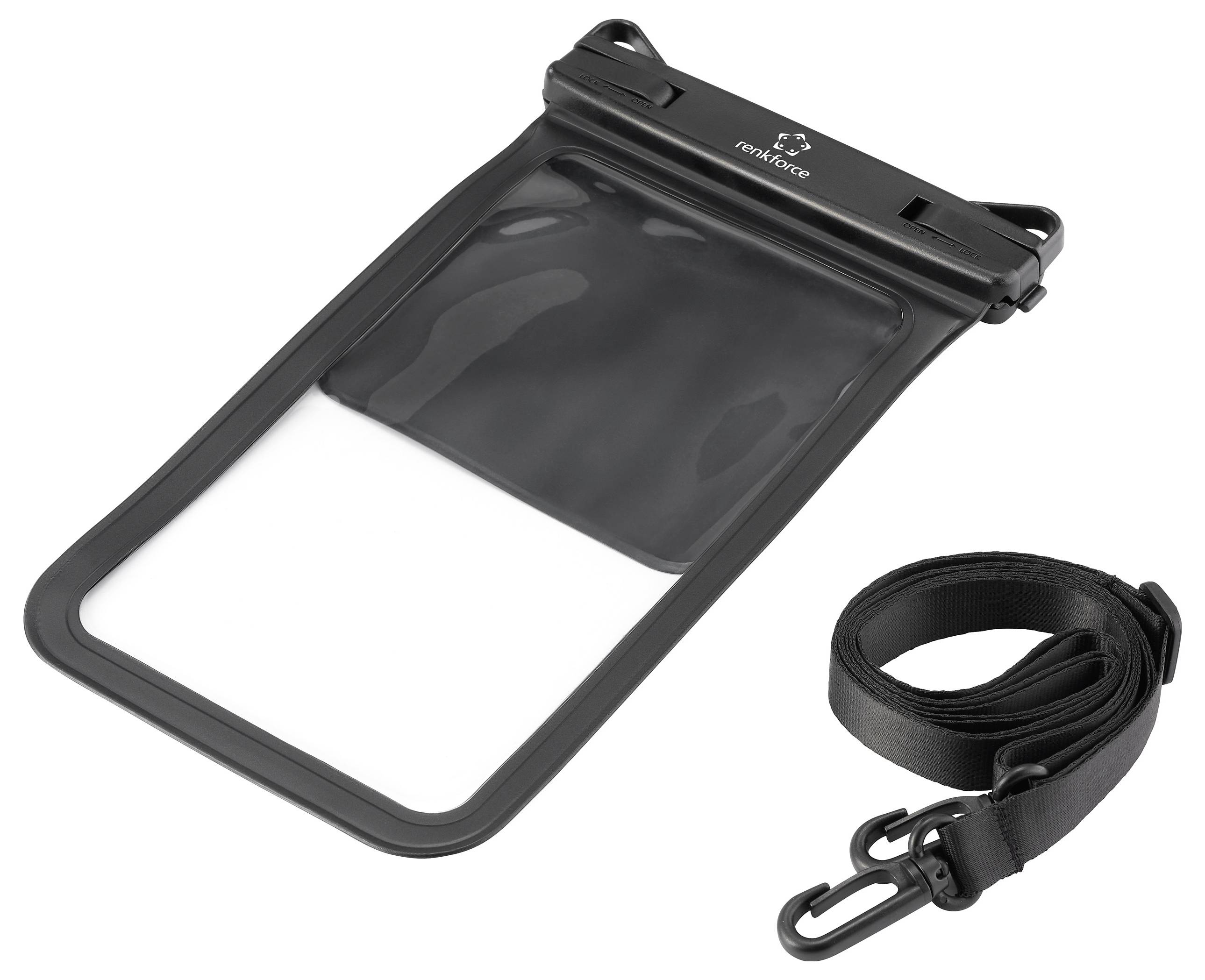 Ein transparenter wasserdichter Handyüberzug mit einem schwarzen Clip und Riemen, der zum Schutz von Handys beim Schwimmen oder während Wasseraktivitäten entwickelt wurde.