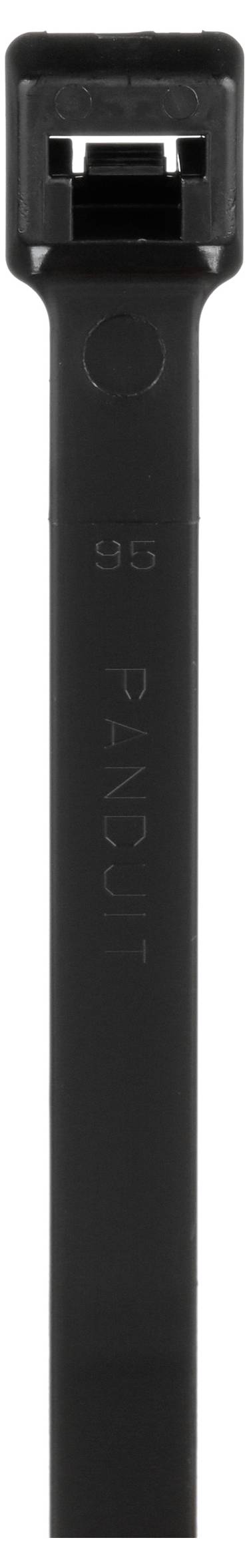 Eine schwarze Nylon-Kabelbinder mit einem Verschlussmechanismus an einem Ende, verwendet zum Befestigen von Kabeln oder Gegenständen.