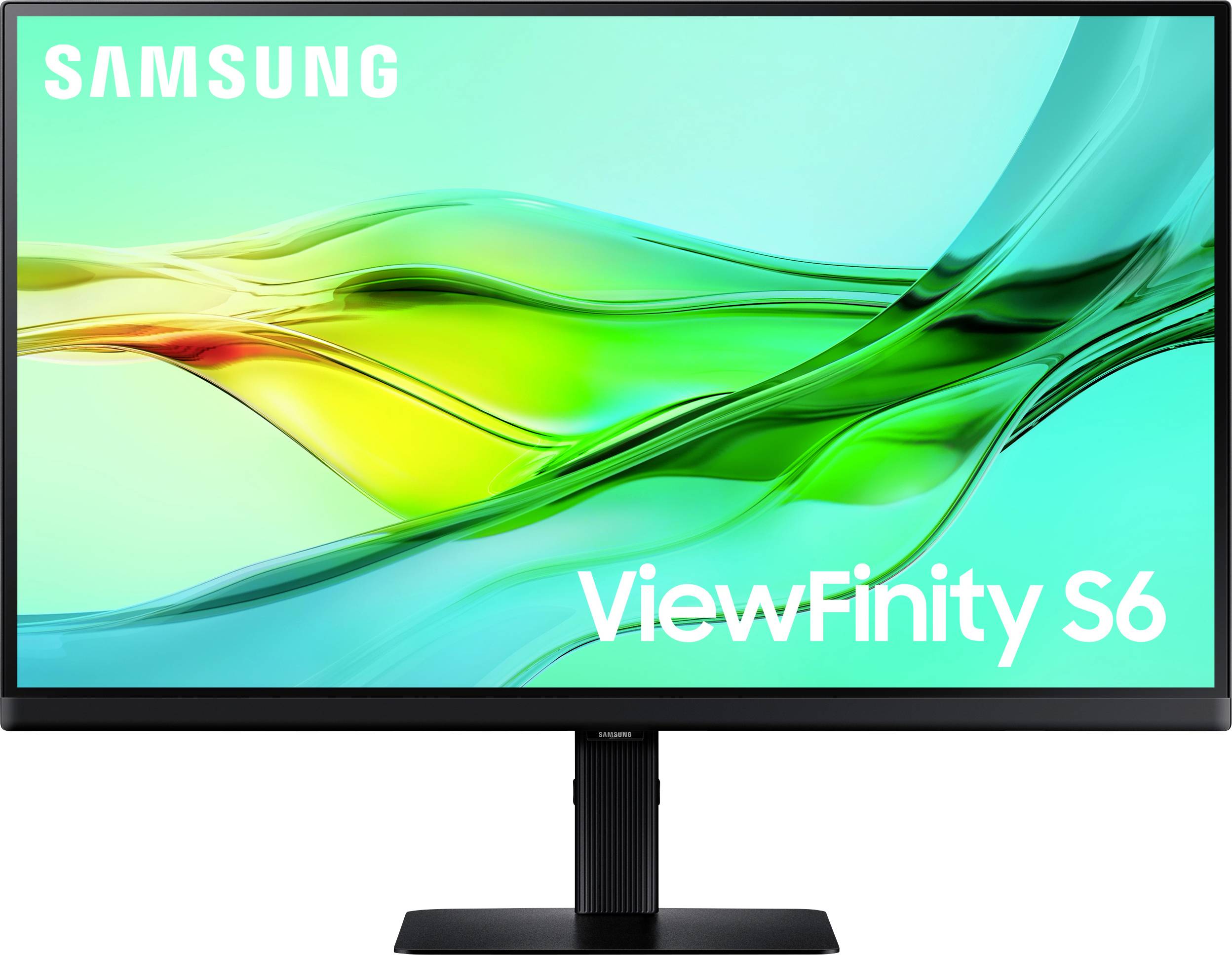 Ein Samsung-Monitor, der ein lebendiges blaues und grünes abstraktes Wellendesign zeigt. Der Text lautet 'ViewFinity S6'.