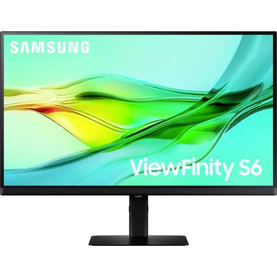 Ein Samsung-Monitor, der ein lebendiges blaues und grünes abstraktes Wellendesign zeigt. Der Text lautet 'ViewFinity S6'.