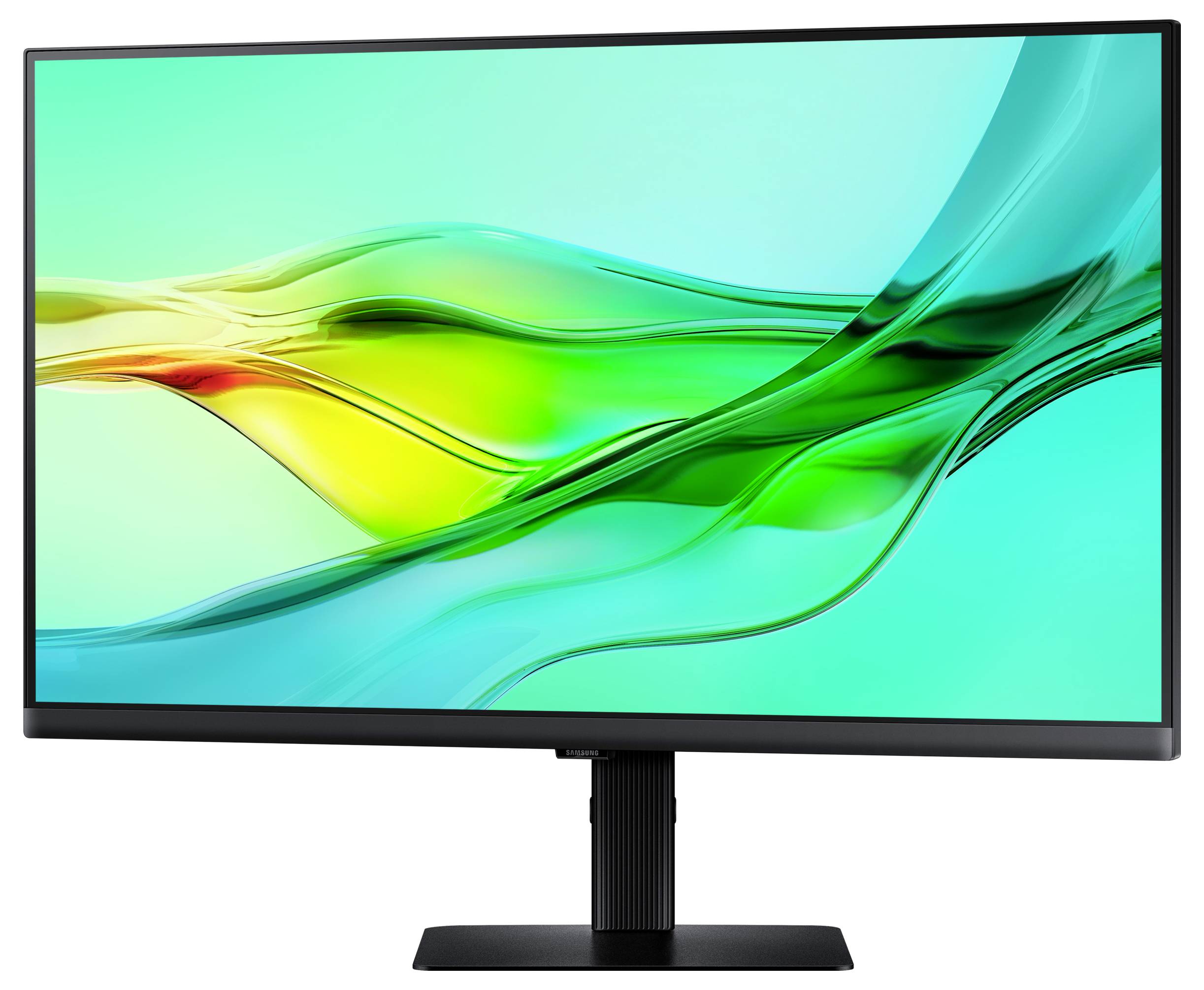 Ein schlanker, moderner Computermonitor mit einem lebhaften, abstrakten grün-gelben Wellenmuster auf dem Bildschirm, montiert auf einem schwarzen Ständer.