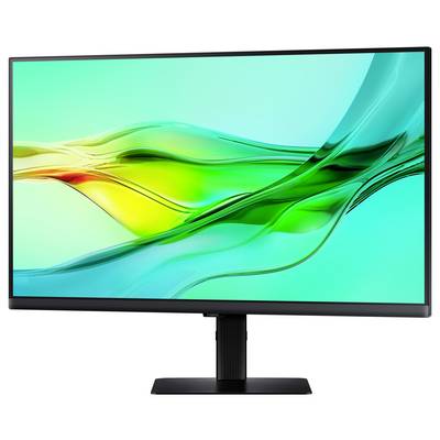 Ein schlanker, moderner Computermonitor mit einem lebhaften, abstrakten grün-gelben Wellenmuster auf dem Bildschirm, montiert auf einem schwarzen Ständer.