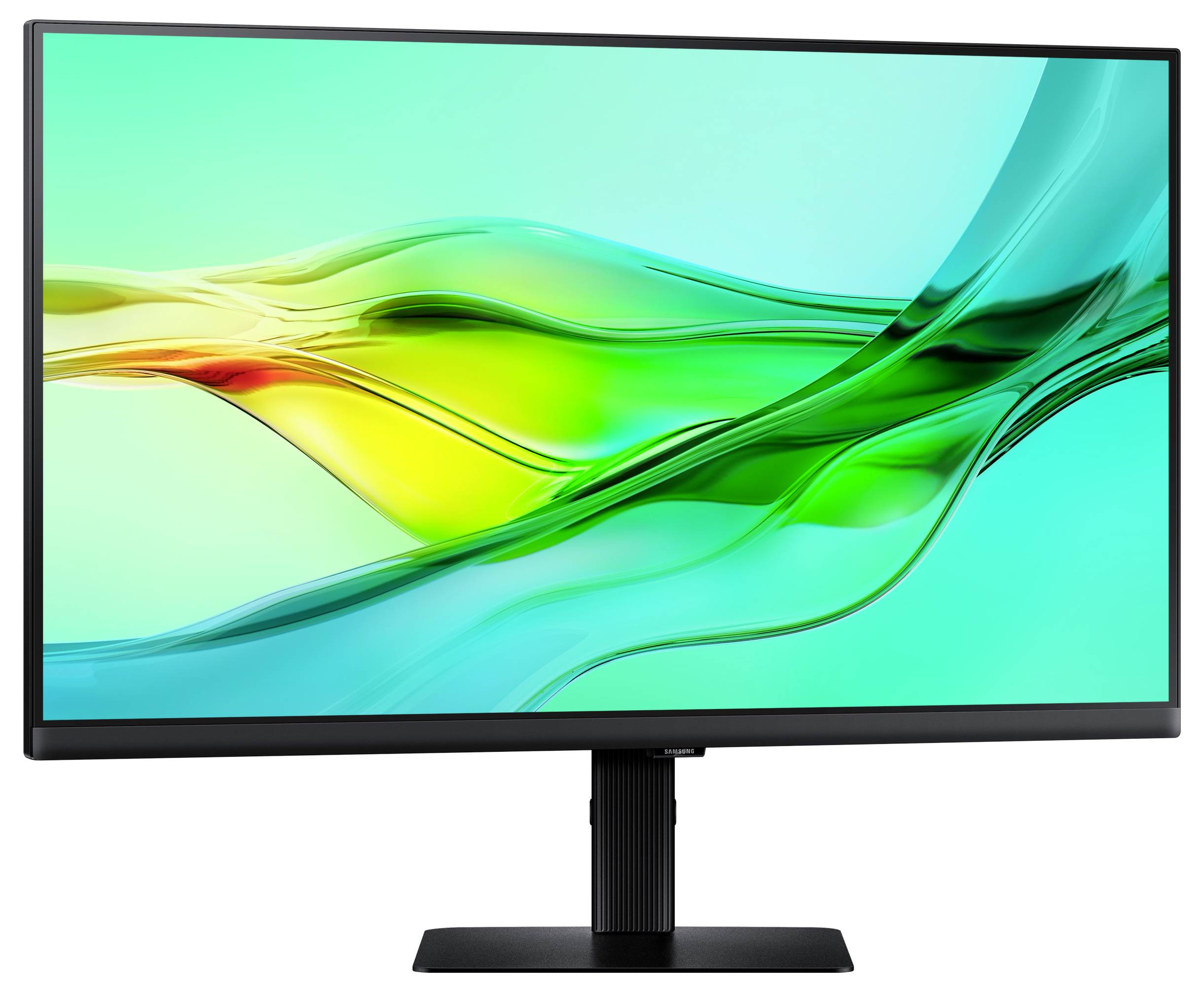 Ein Breitbild-Computermonitor, der ein abstraktes Design mit fließenden grünen und gelben Linien auf einem türkisfarbenen Hintergrund zeigt.