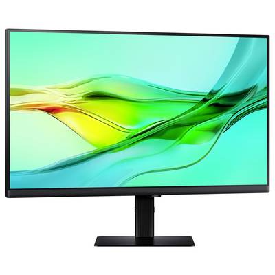 Ein Breitbild-Computermonitor, der ein abstraktes Design mit fließenden grünen und gelben Linien auf einem türkisfarbenen Hintergrund zeigt.