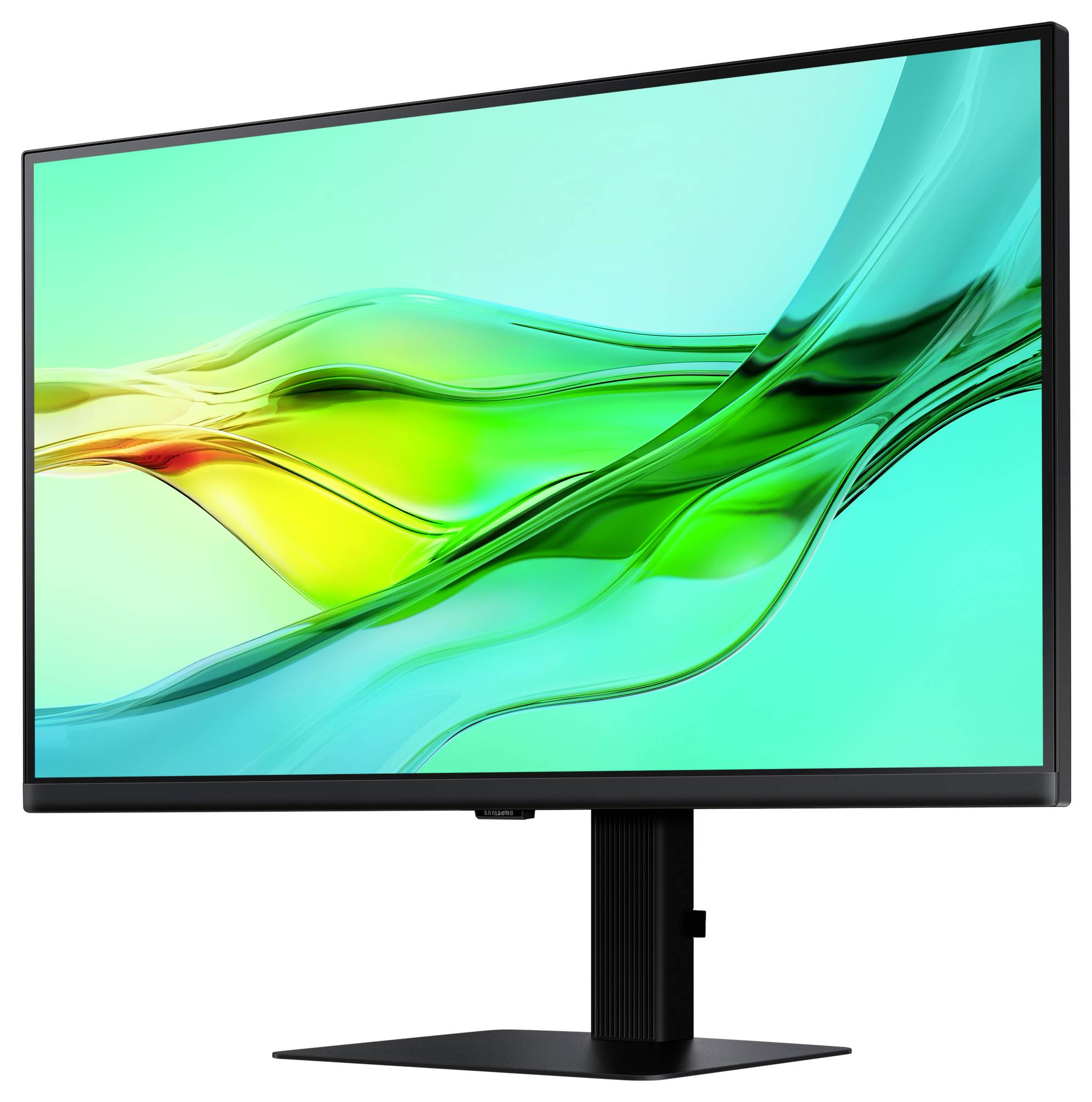 Ein Breitbild-Computermonitor, der abstrakte grüne und gelbe Wellenmuster auf blauem Hintergrund zeigt, montiert auf einem schwarzen Ständer.