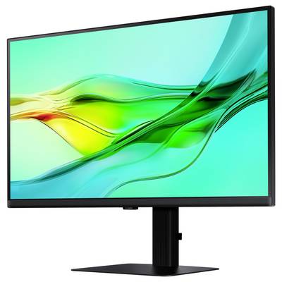 Ein Breitbild-Computermonitor, der abstrakte grüne und gelbe Wellenmuster auf blauem Hintergrund zeigt, montiert auf einem schwarzen Ständer.