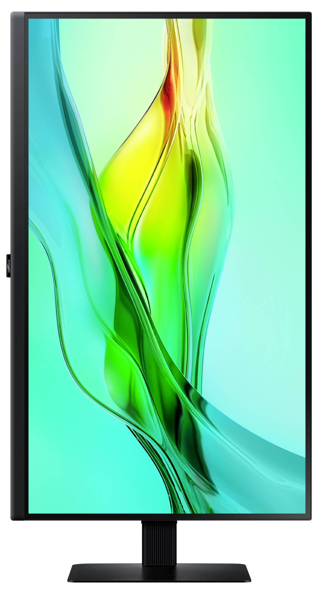 Ein stehendes digitales Display, das ein lebendiges abstraktes Design mit wirbelnden grünen, gelben und blauen Farben in einem schwarzen Rahmen zeigt.