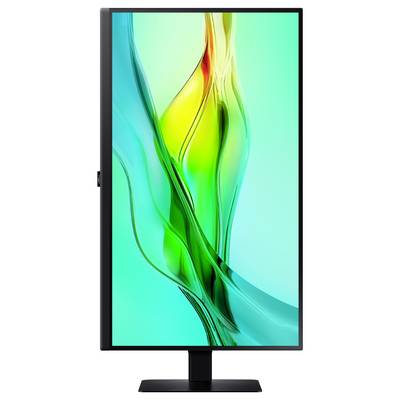 Ein stehendes digitales Display, das ein lebendiges abstraktes Design mit wirbelnden grünen, gelben und blauen Farben in einem schwarzen Rahmen zeigt.