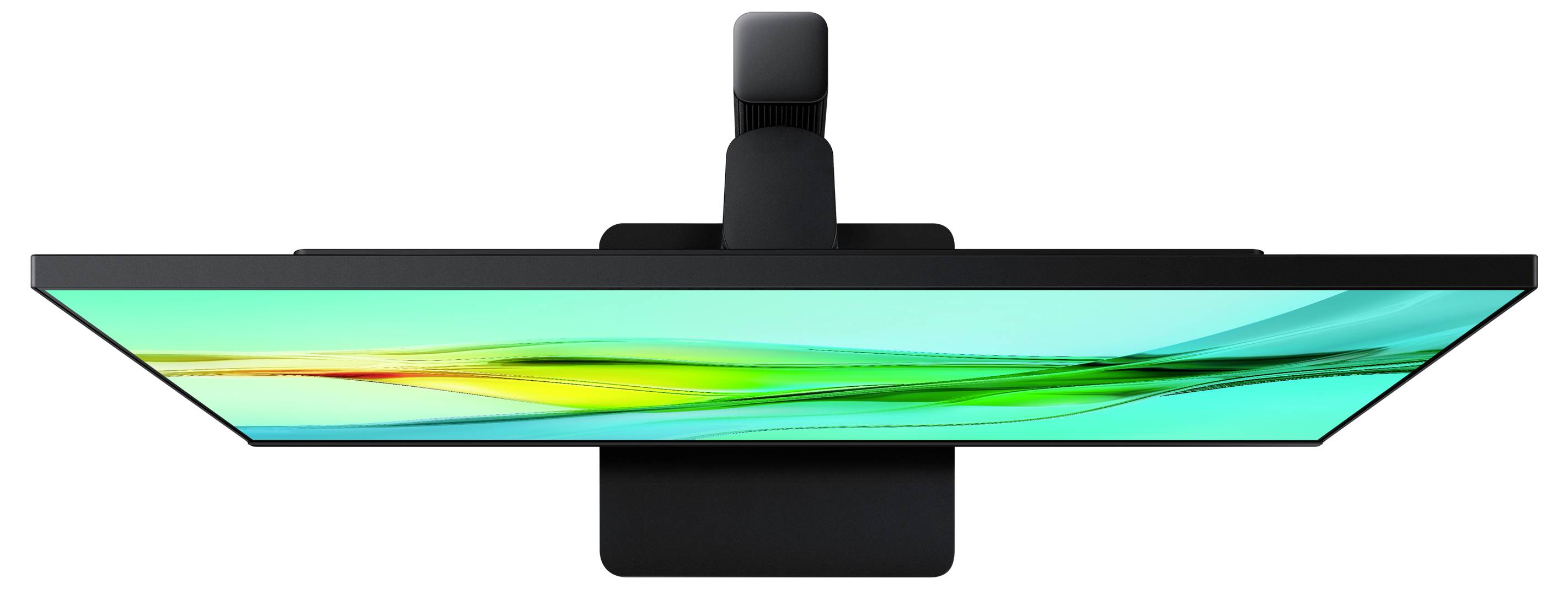 Draufsicht eines schlanken Computermonitors, der einen lebendigen grün-blauen Bildschirm präsentiert und ein dünnes Design mit modernen Ästhetik zeigt.