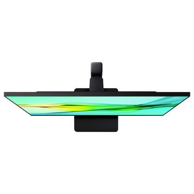 Draufsicht eines schlanken Computermonitors, der einen lebendigen grün-blauen Bildschirm präsentiert und ein dünnes Design mit modernen Ästhetik zeigt.