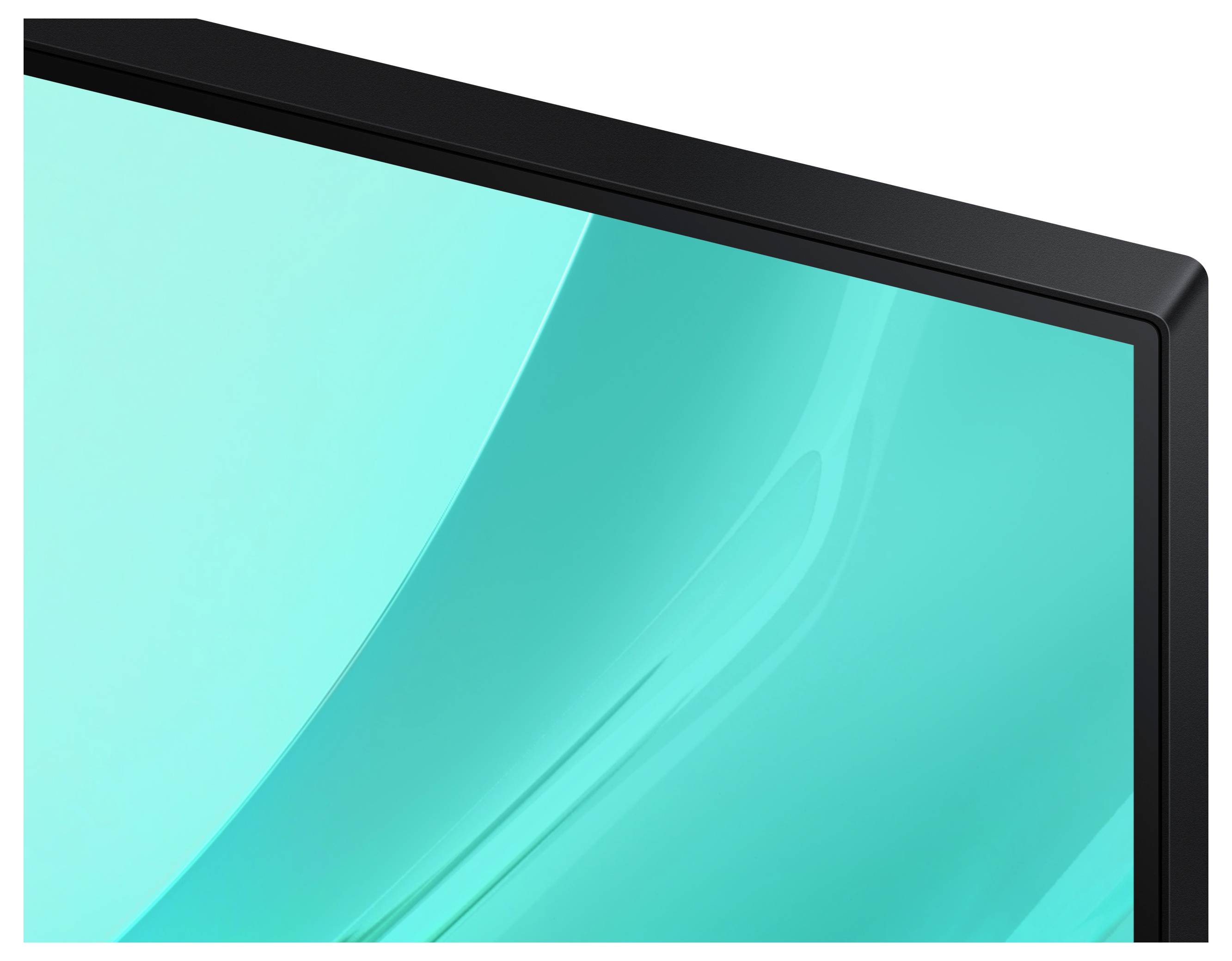 Nahaufnahme eines schlanken Computermonitors mit schmaler Einfassung und einem leuchtend türkisfarbenen Display, der modernes Design und Technologie veranschaulicht.