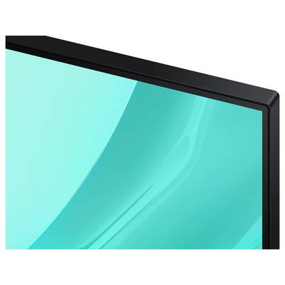 Nahaufnahme eines schlanken Computermonitors mit schmaler Einfassung und einem leuchtend türkisfarbenen Display, der modernes Design und Technologie veranschaulicht.
