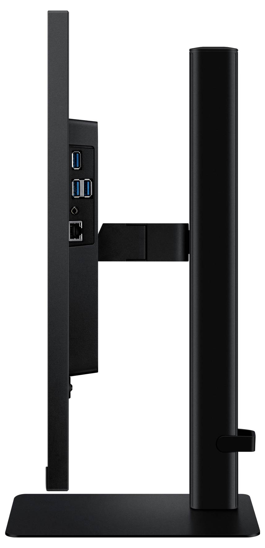 Seitenansicht eines schwarzen Computermonitors, der seine schlanke Bauweise und mehrere USB-Anschlüsse auf der Rückseite für Konnektivität zeigt.