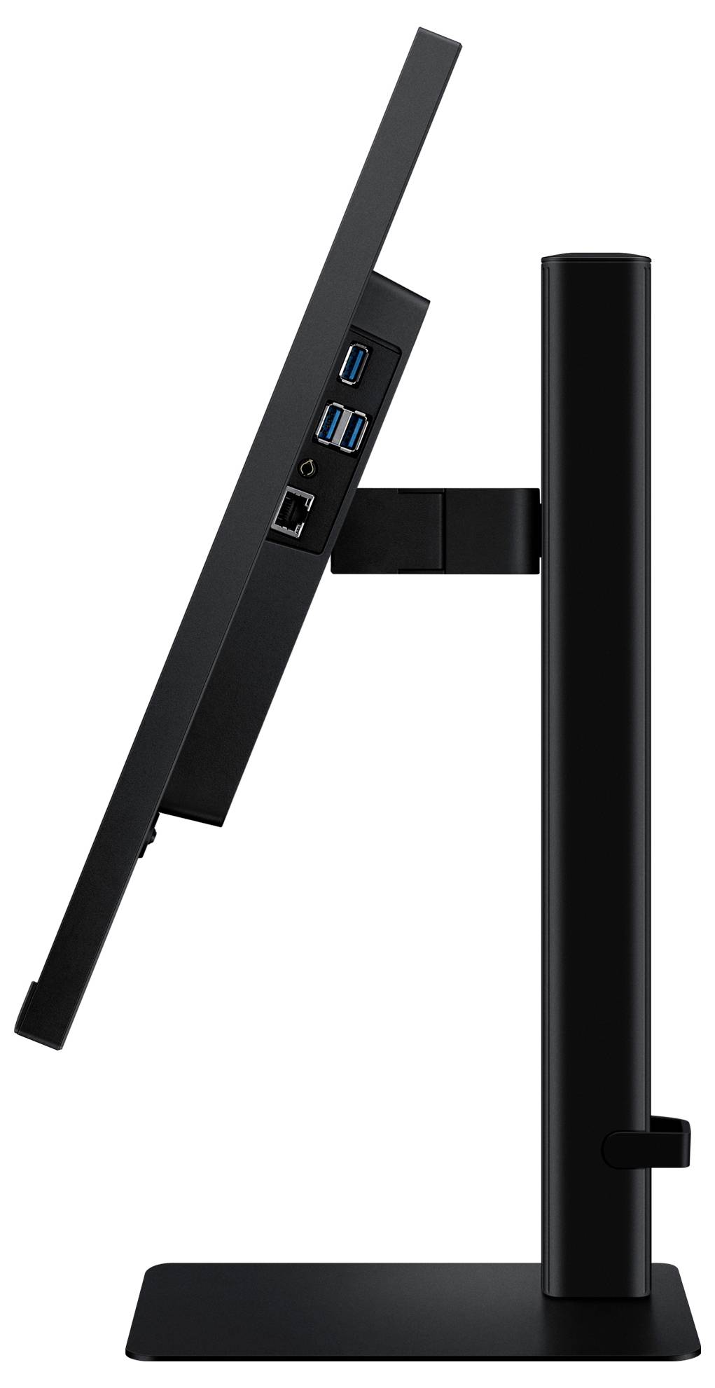 Seitenansicht eines schlanken schwarzen Computermonitors mit rechteckigem Fuß, auf dessen Rückseite mehrere USB-Anschlüsse und ein Ethernetport zu sehen sind.