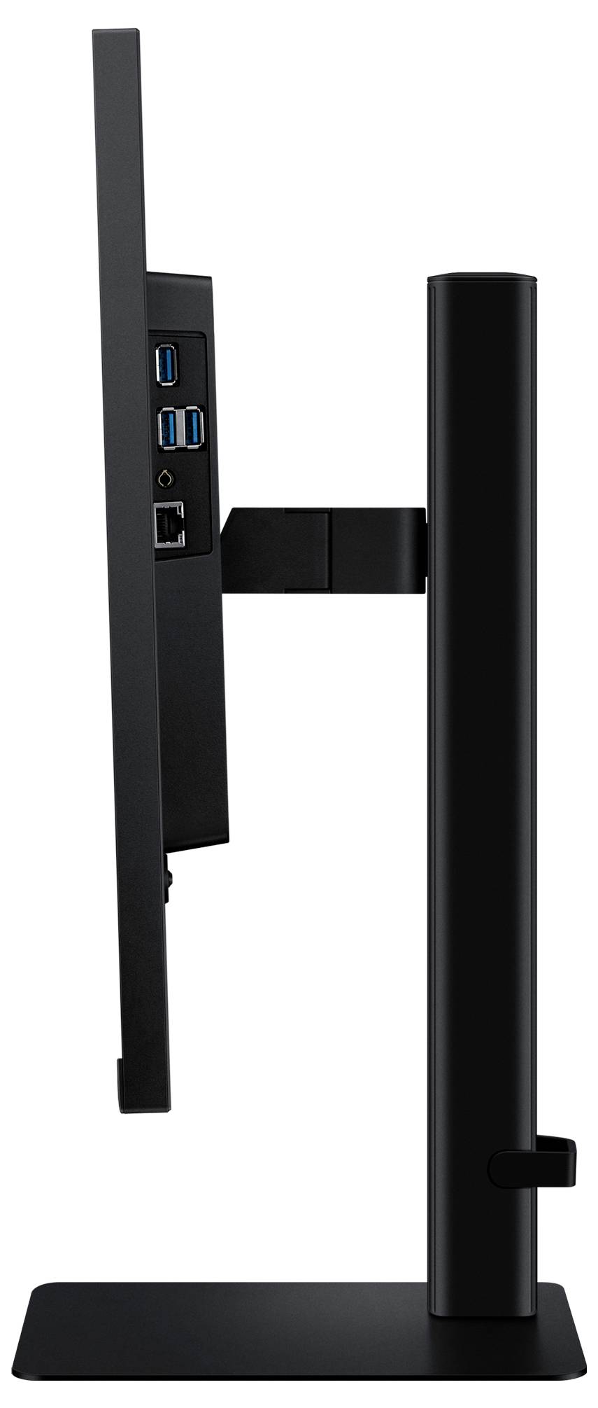 Seitenansicht eines schwarzen Computermonitors mit sichtbaren Anschlüssen, einschließlich USB und Ethernet, montiert auf einem verstellbaren Ständer.