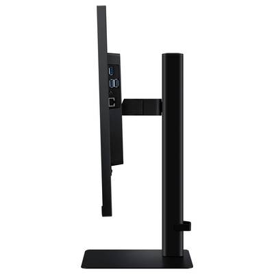 Seitenansicht eines schwarzen Computermonitors mit sichtbaren Anschlüssen, einschließlich USB und Ethernet, montiert auf einem verstellbaren Ständer.