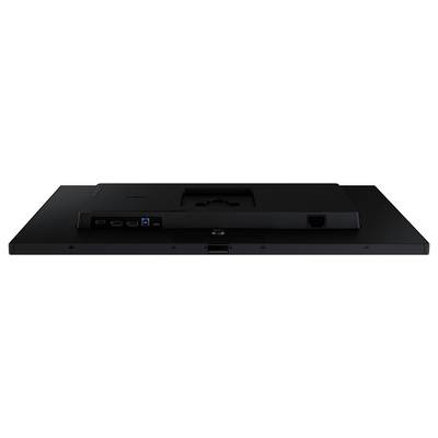 Rückansicht eines Monitors mit Anschlüssen wie HDMI und USB. Der Stromanschluss befindet sich auf der rechten Seite. Schwarze, strukturierte Oberfläche.