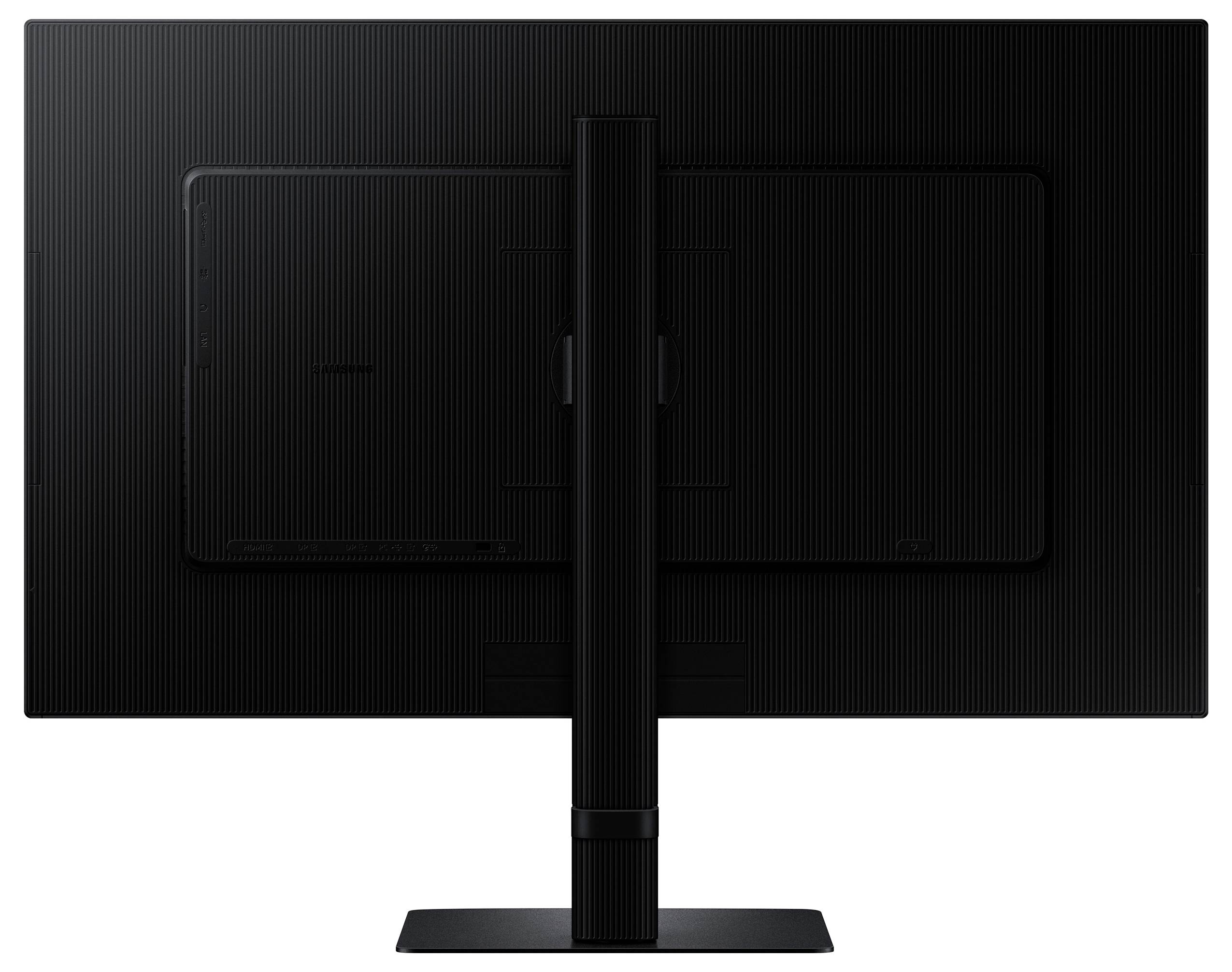 Das Bild zeigt die Rückansicht eines schwarzen Computermonitors auf einem Ständer und betont dessen schlankes und minimalistisches Design.