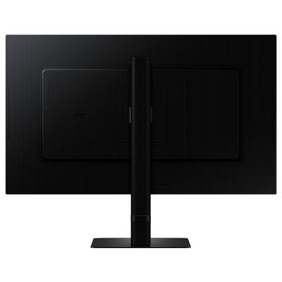 Das Bild zeigt die Rückansicht eines schwarzen Computermonitors auf einem Ständer und betont dessen schlankes und minimalistisches Design.