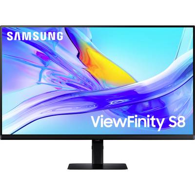Samsung ViewFinity S8 Monitor mit einer lebendigen, farbenfrohen Anzeigeoberfläche, die abstrakte Kunst präsentiert.