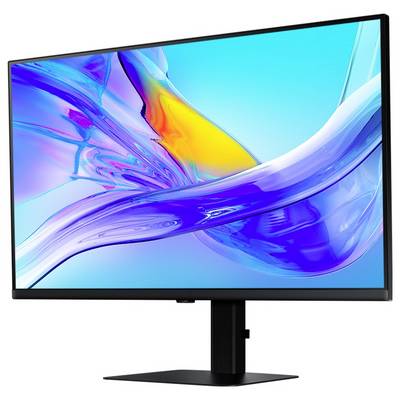 Ein Monitor mit schlankem, elegantem Rahmendesign und lebendiger, farbenfroher Anzeige, der abstrakte digitale Kunst mit blauen, violetten und gelben Wirbeln präsentiert.