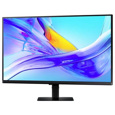 Ein schlanker, moderner Monitor, der einen lebendigen abstrakten Hintergrund mit blauen, violetten und gelben Tönen zeigt, vor einem weißen Hintergrund.