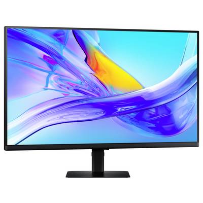 Ein moderner Computermonitor, der abstrakte Kunst mit dynamischen blauen, violetten und orangefarbenen Wirbeln auf einem eleganten Ständer zeigt.