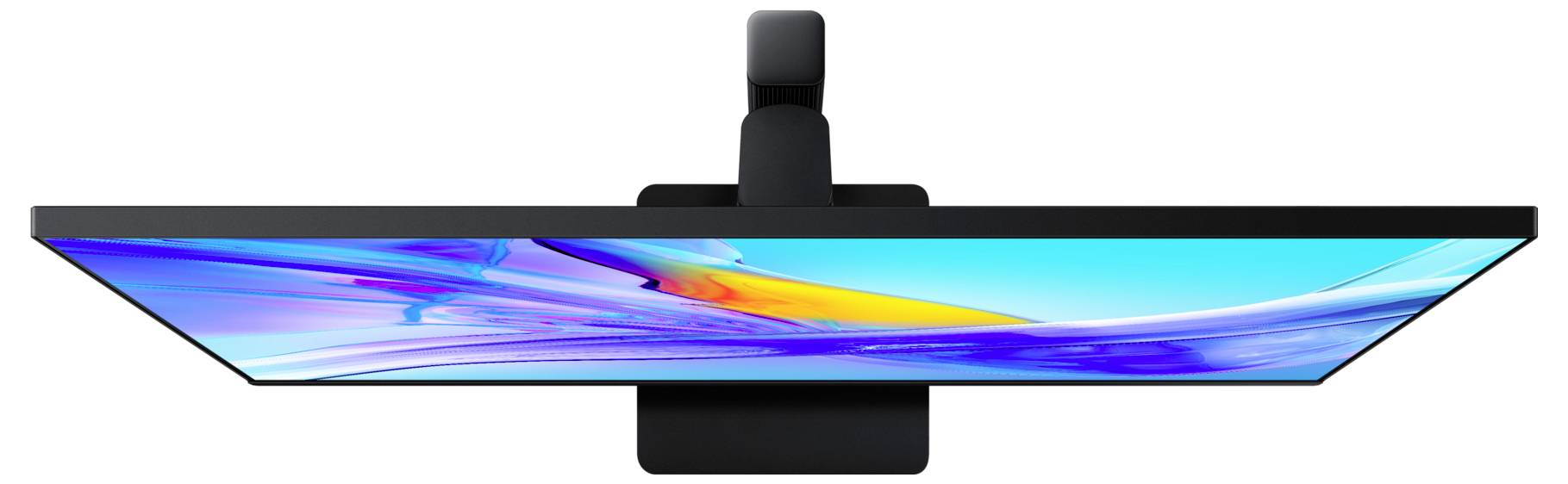 Draufsicht eines dünnen, modernen Computermonitors mit einem lebhaften abstrakten Design auf dem Bildschirm, das Nuancen von Blau, Orange und Lila zeigt.