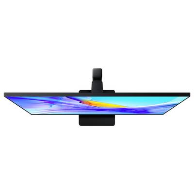 Draufsicht eines dünnen, modernen Computermonitors mit einem lebhaften abstrakten Design auf dem Bildschirm, das Nuancen von Blau, Orange und Lila zeigt.