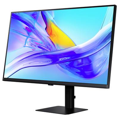 Ein schlanker Computermonitor, der ein farbenfrohe abstraktes Design auf dem Bildschirm zeigt, gestützt von einem minimalistischen Ständer.